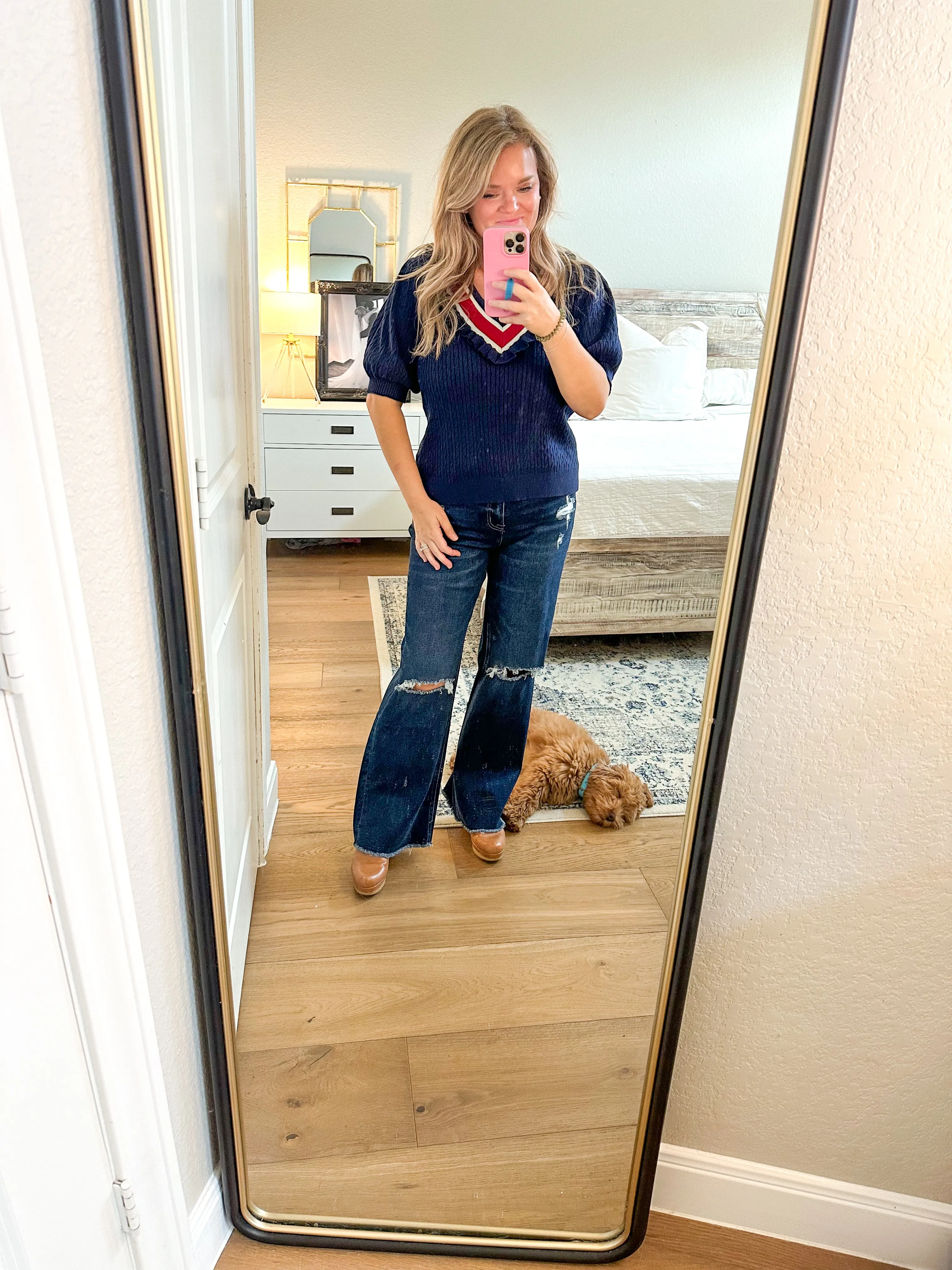 Navy & Red Cable V-Neck Sweater