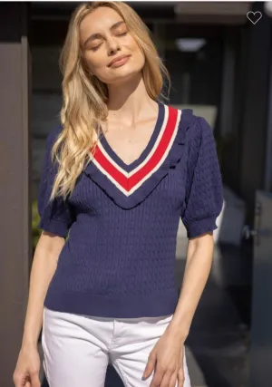 Navy & Red Cable V-Neck Sweater