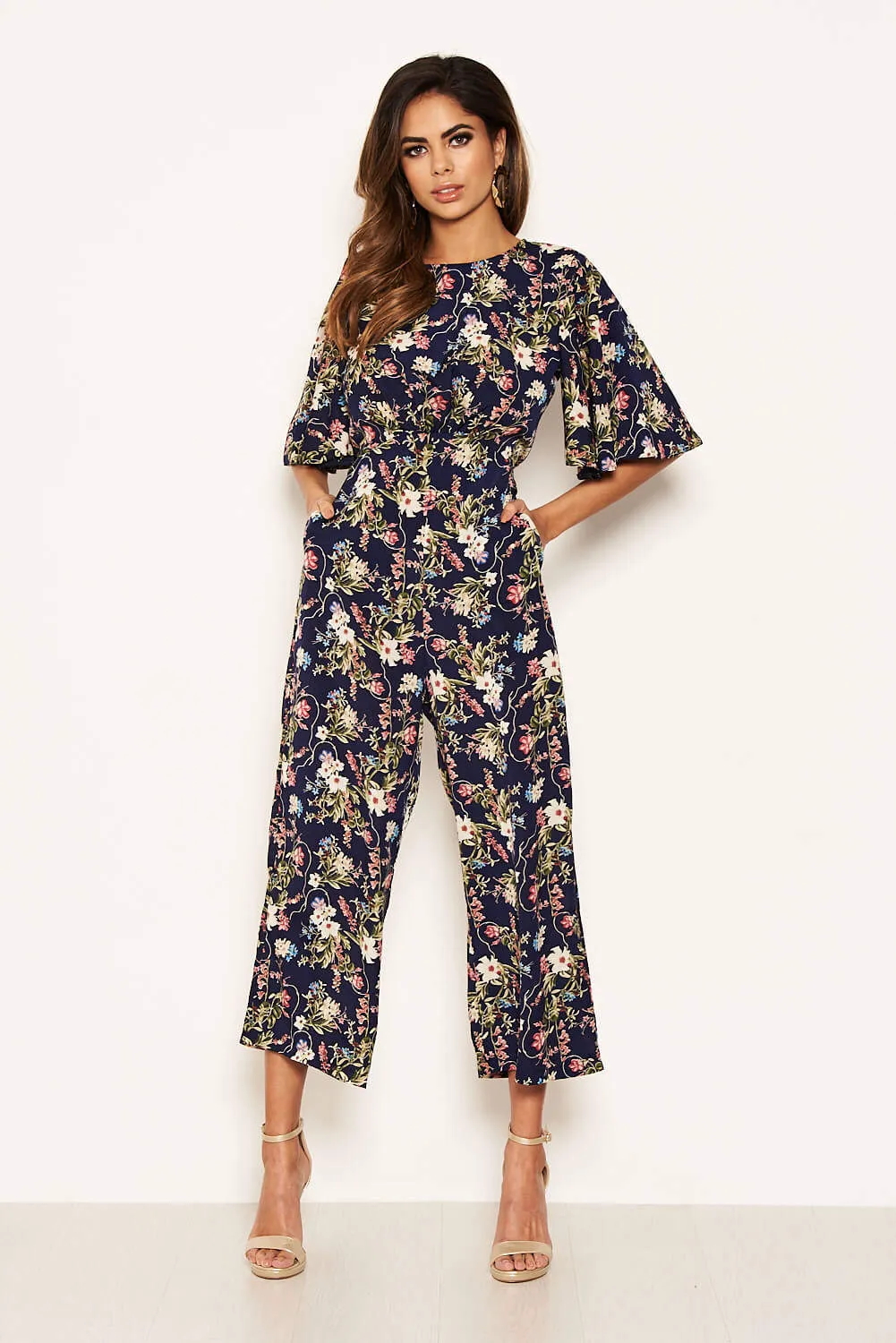 Navy Flared Leg Floral Jumpsuit