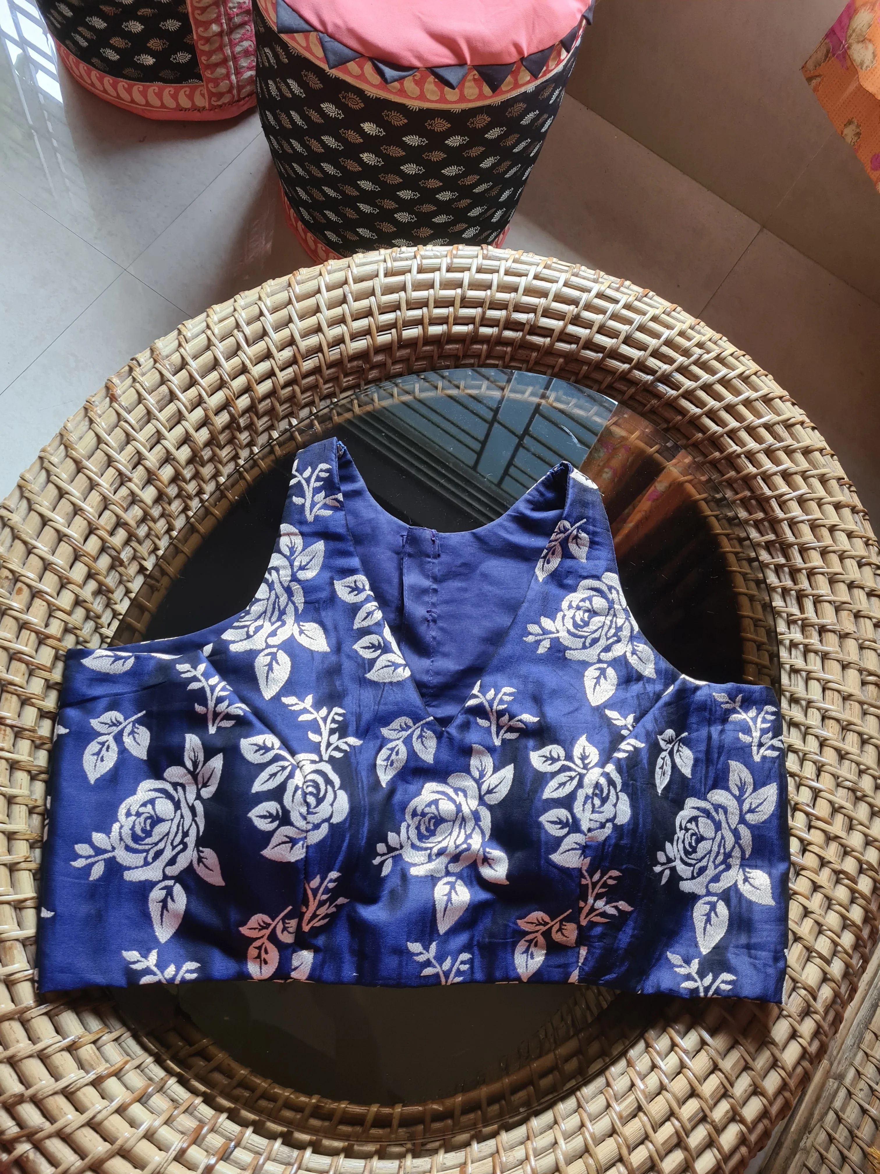 Navy Rose Brocade Blouse