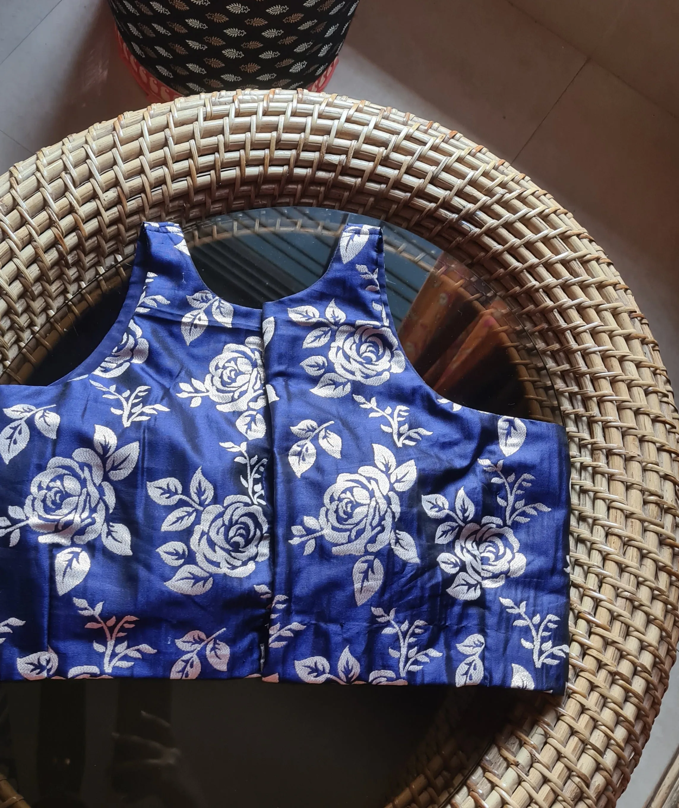 Navy Rose Brocade Blouse