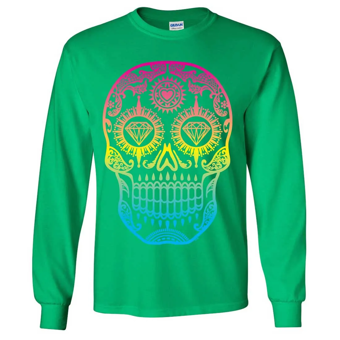 Neon Diamond Eyes Smiling Sugar Skull Long Sleeve Shirt