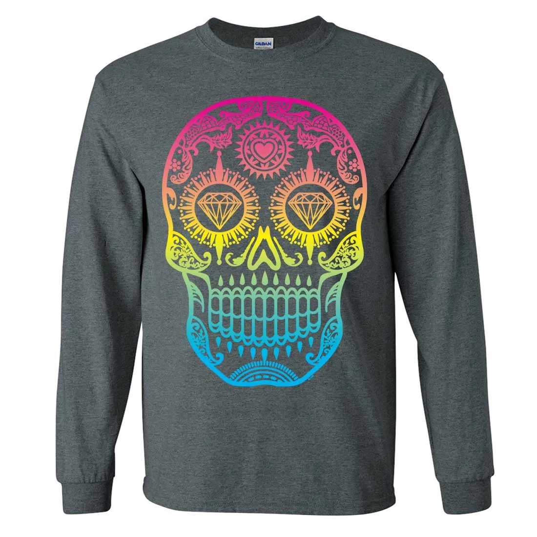 Neon Diamond Eyes Smiling Sugar Skull Long Sleeve Shirt