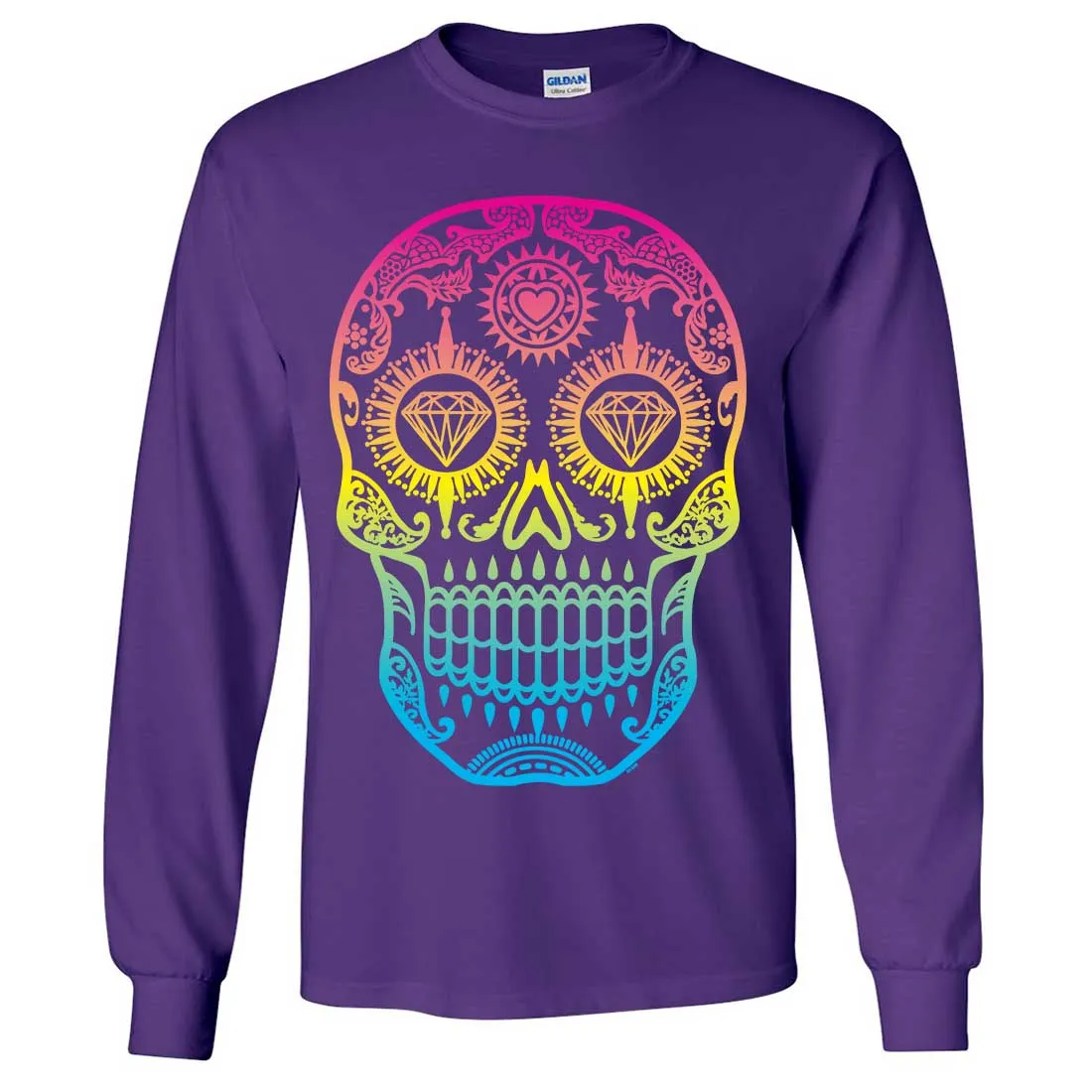 Neon Diamond Eyes Smiling Sugar Skull Long Sleeve Shirt