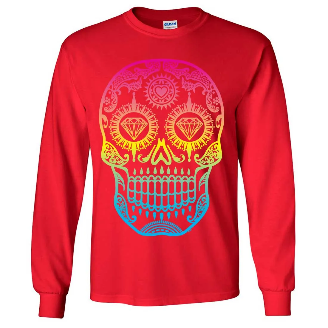 Neon Diamond Eyes Smiling Sugar Skull Long Sleeve Shirt