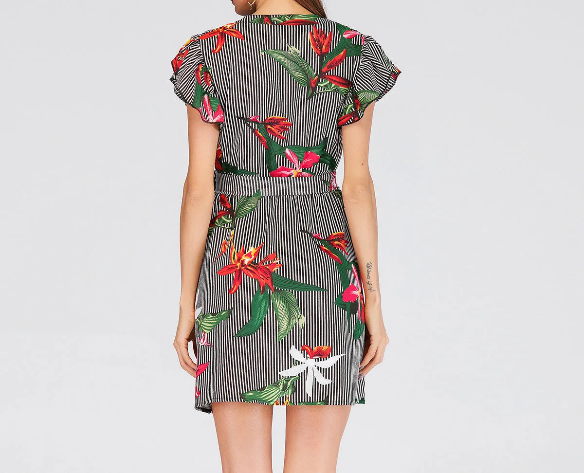 New Flying Sleeves Waist Stripe Print Dress