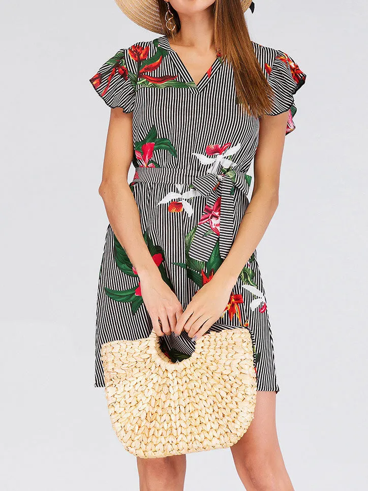New Flying Sleeves Waist Stripe Print Dress