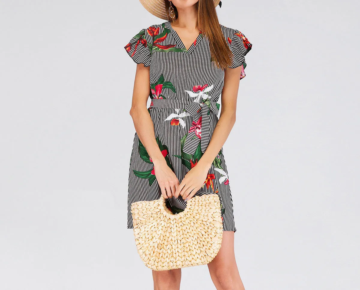 New Flying Sleeves Waist Stripe Print Dress