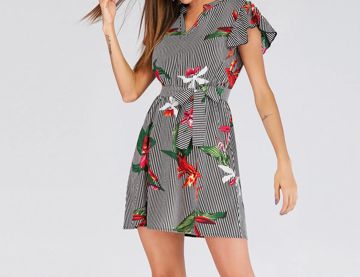 New Flying Sleeves Waist Stripe Print Dress
