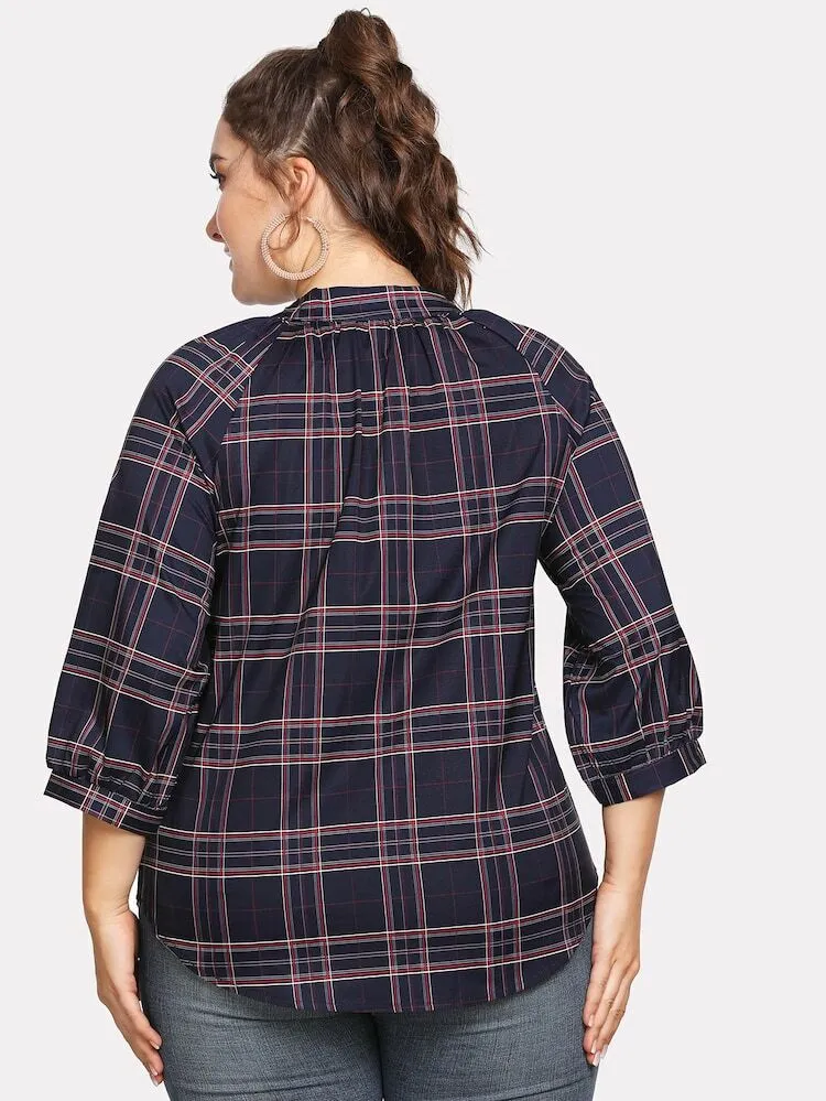 New V-neck Scottish Plaid Long-sleeved Shirt