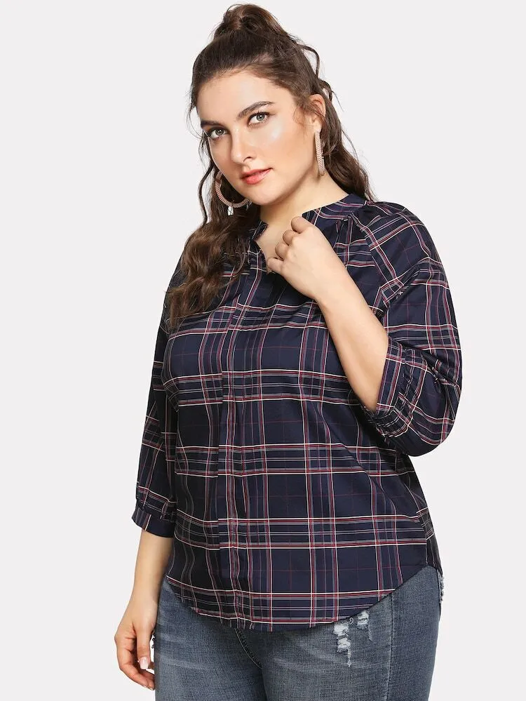 New V-neck Scottish Plaid Long-sleeved Shirt