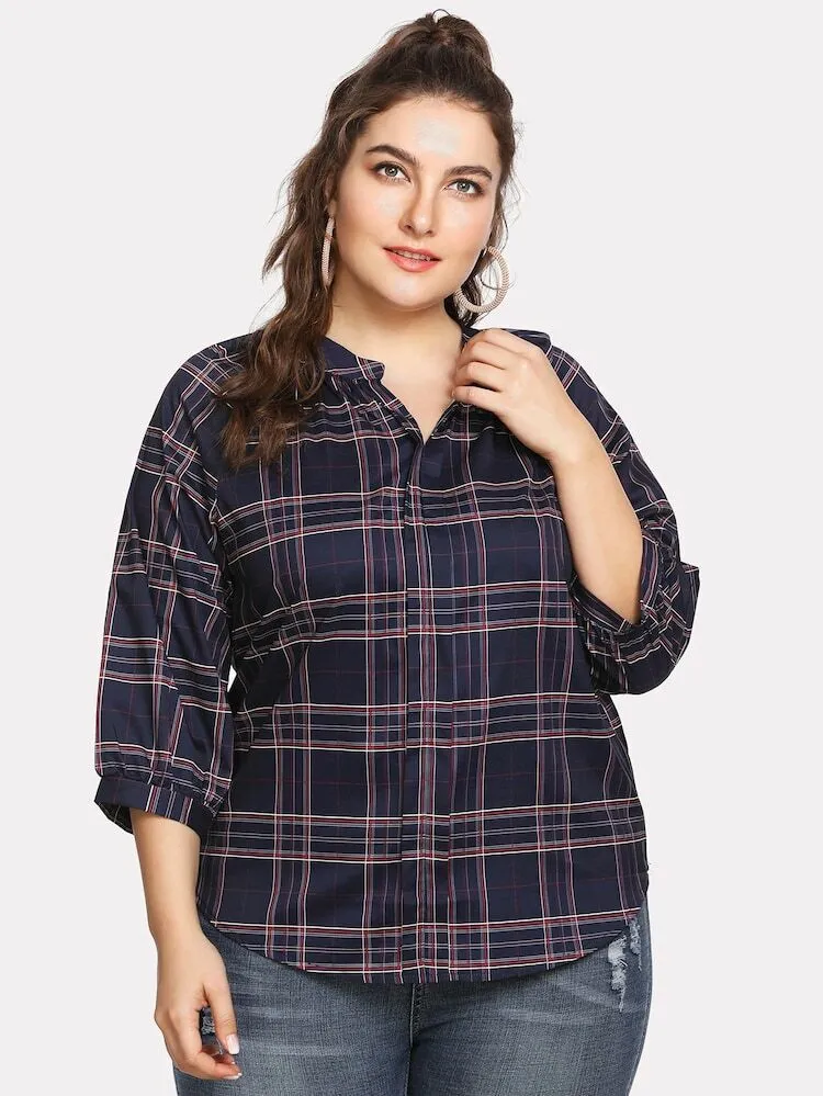 New V-neck Scottish Plaid Long-sleeved Shirt