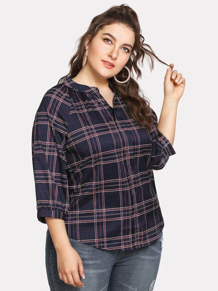 New V-neck Scottish Plaid Long-sleeved Shirt