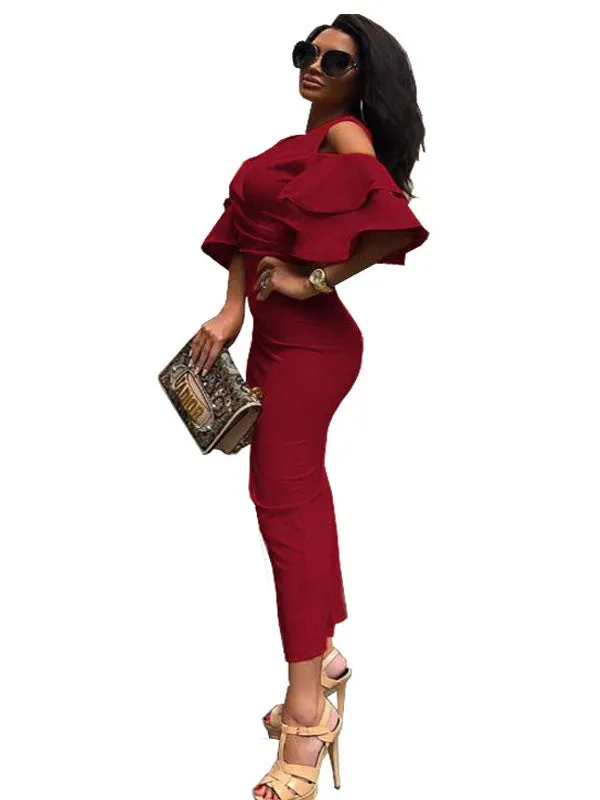New Women's Dress Sexy Bag Hip Skirt Deep V Strapless Lotus Leaf Sleeve Dress