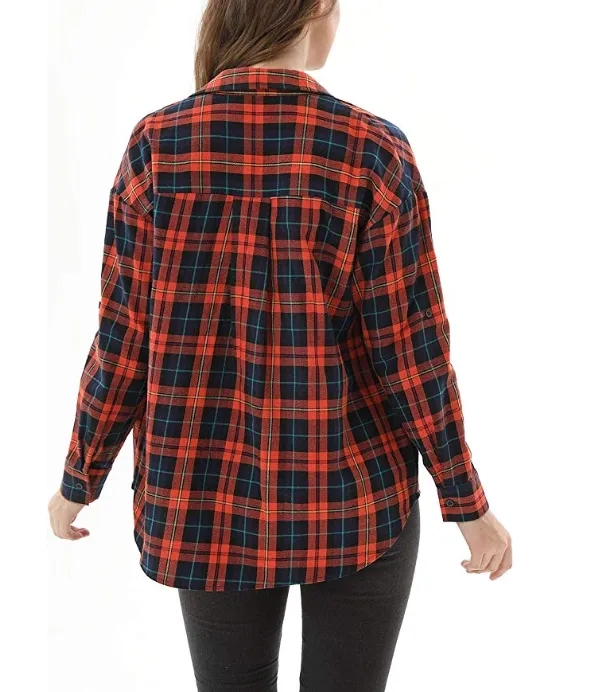 New Women's Long Sleeve Classic Plaid Long Sleeve Collar Neck Casual Button Down Shirt