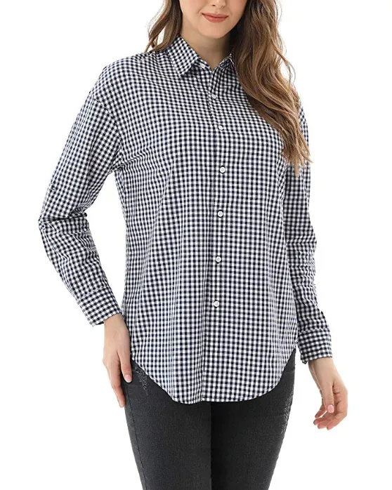 New Women's Long Sleeve Classic Plaid Long Sleeve Collar Neck Casual Button Down Shirt