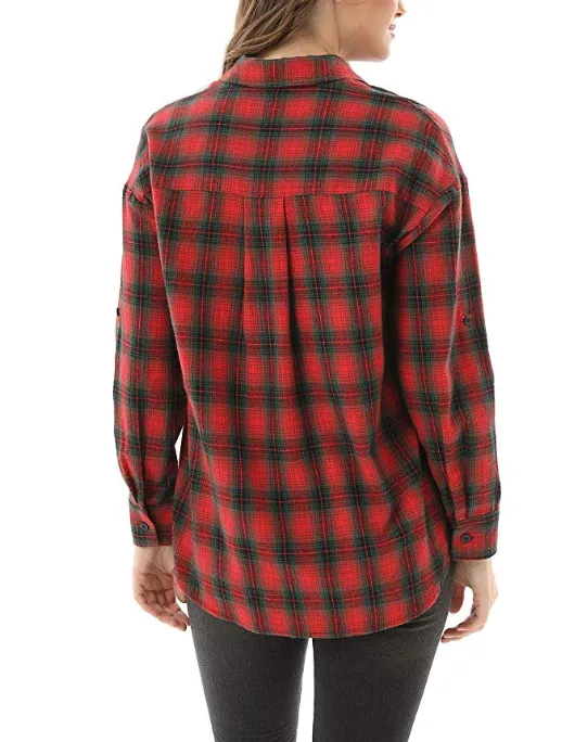 New Women's Long Sleeve Classic Plaid Long Sleeve Collar Neck Casual Button Down Shirt