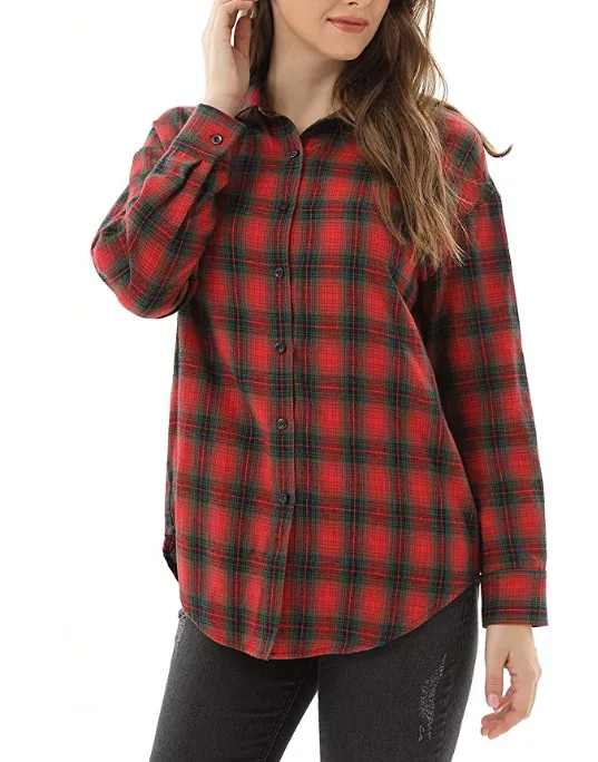 New Women's Long Sleeve Classic Plaid Long Sleeve Collar Neck Casual Button Down Shirt