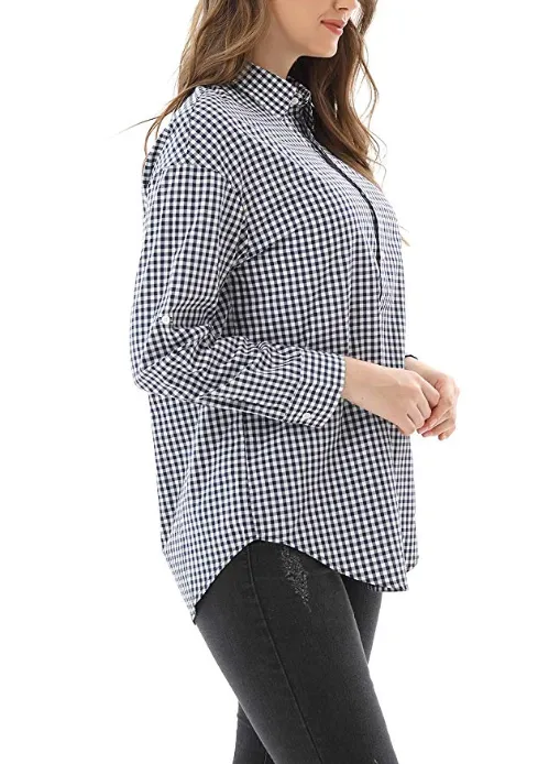 New Women's Long Sleeve Classic Plaid Long Sleeve Collar Neck Casual Button Down Shirt
