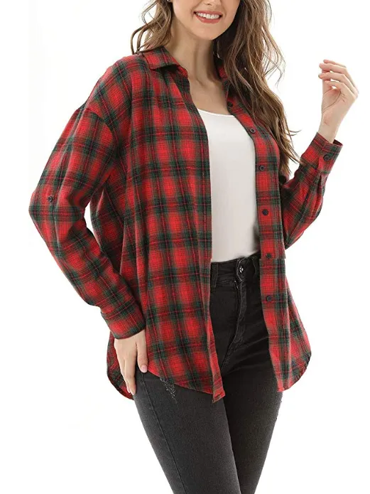 New Women's Long Sleeve Classic Plaid Long Sleeve Collar Neck Casual Button Down Shirt