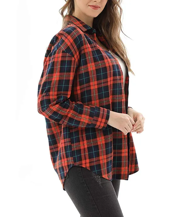 New Women's Long Sleeve Classic Plaid Long Sleeve Collar Neck Casual Button Down Shirt