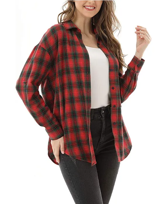 New Women's Long Sleeve Classic Plaid Long Sleeve Collar Neck Casual Button Down Shirt