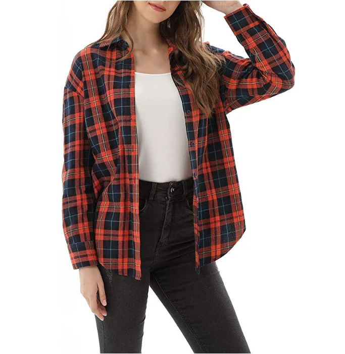 New Women's Long Sleeve Classic Plaid Long Sleeve Collar Neck Casual Button Down Shirt