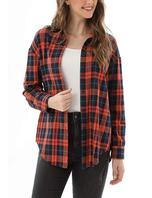 New Women's Long Sleeve Classic Plaid Long Sleeve Collar Neck Casual Button Down Shirt