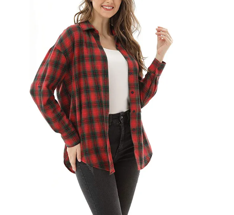 New Women's Long Sleeve Classic Plaid Long Sleeve Collar Neck Casual Button Down Shirt