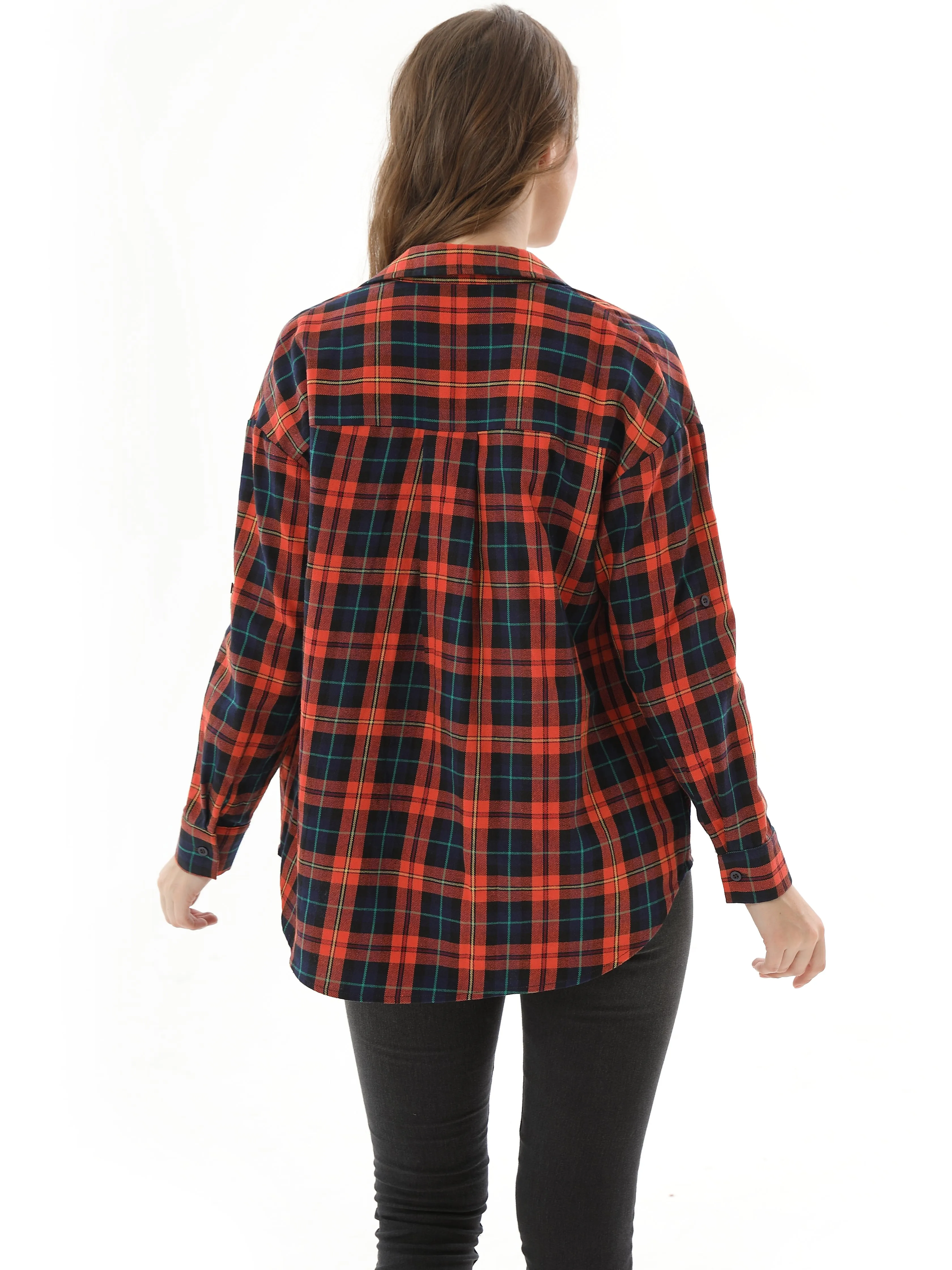 New Women's Long Sleeve Classic Plaid Long Sleeve Collar Neck Casual Button Down Shirt