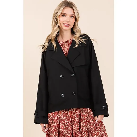 NWT Double Breasted Long Sleeved Cropped Trench Coat Black Jacket, Spring Style