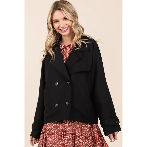 NWT Double Breasted Long Sleeved Cropped Trench Coat Black Jacket, Spring Style