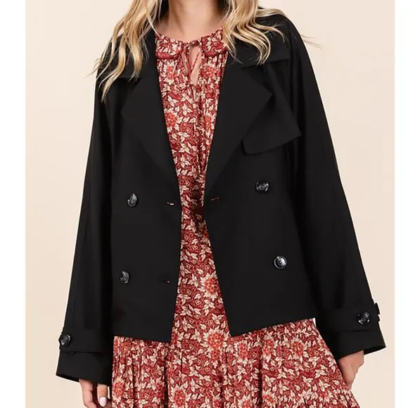 NWT Double Breasted Long Sleeved Cropped Trench Coat Black Jacket, Spring Style