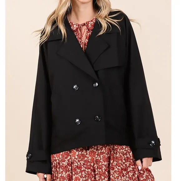 NWT Double Breasted Long Sleeved Cropped Trench Coat Black Jacket, Spring Style