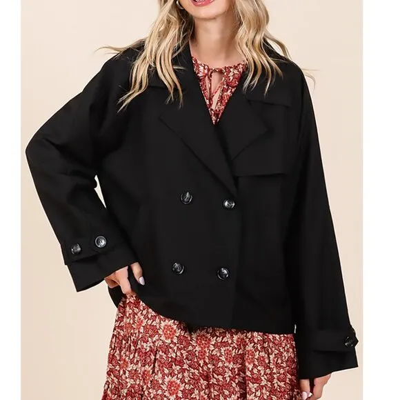 NWT Double Breasted Long Sleeved Cropped Trench Coat Black Jacket, Spring Style