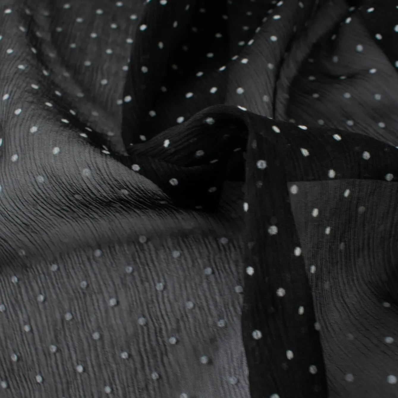 NYC Designer 100% Silk Black/Off-White Polka Dot Crinkle Chiffon  'Danielle'