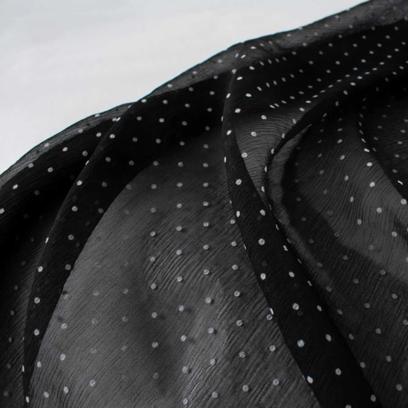 NYC Designer 100% Silk Black/Off-White Polka Dot Crinkle Chiffon  'Danielle'