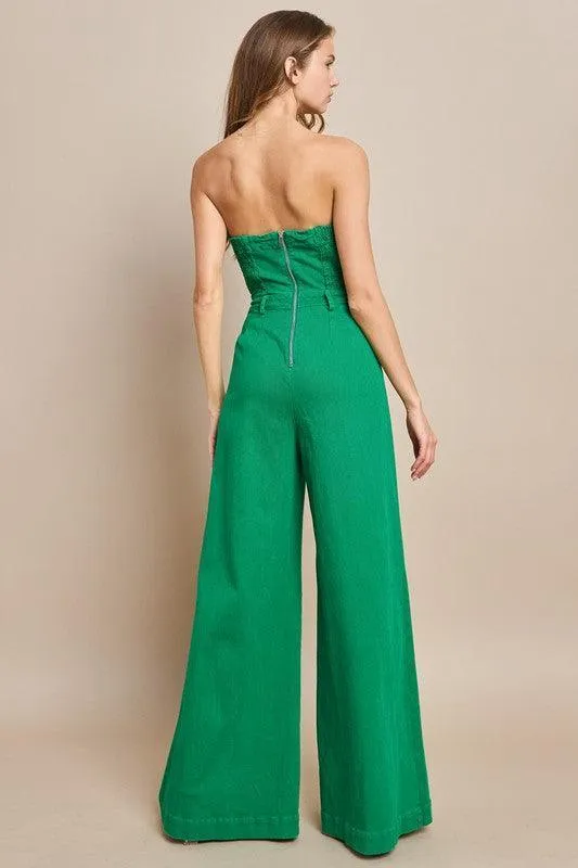OFF SHOULDER WIDE LEG DENIM JUMPSUIT