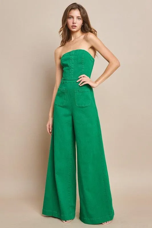 OFF SHOULDER WIDE LEG DENIM JUMPSUIT