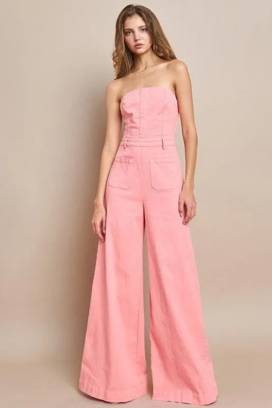 OFF SHOULDER WIDE LEG DENIM JUMPSUIT