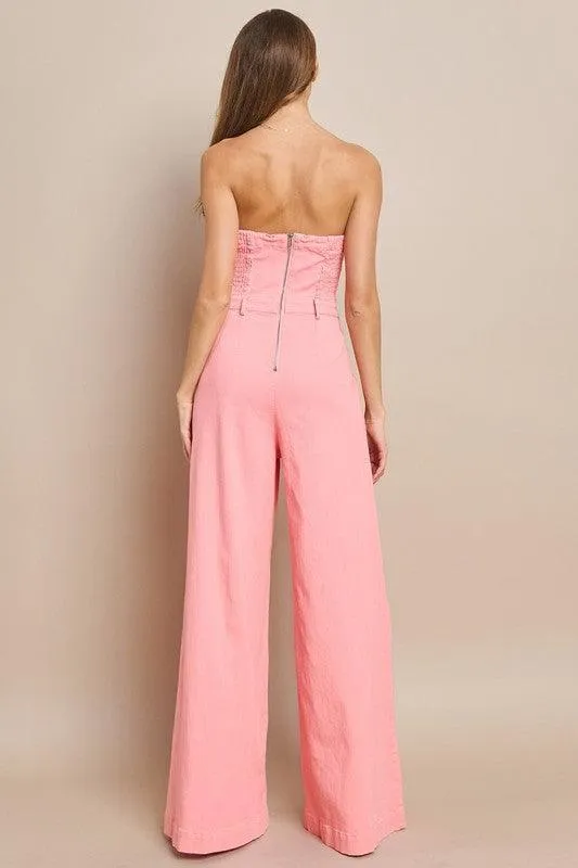 OFF SHOULDER WIDE LEG DENIM JUMPSUIT
