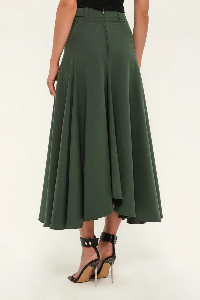 Olive Elegant Day Godet Maxi Skirt with Pockets