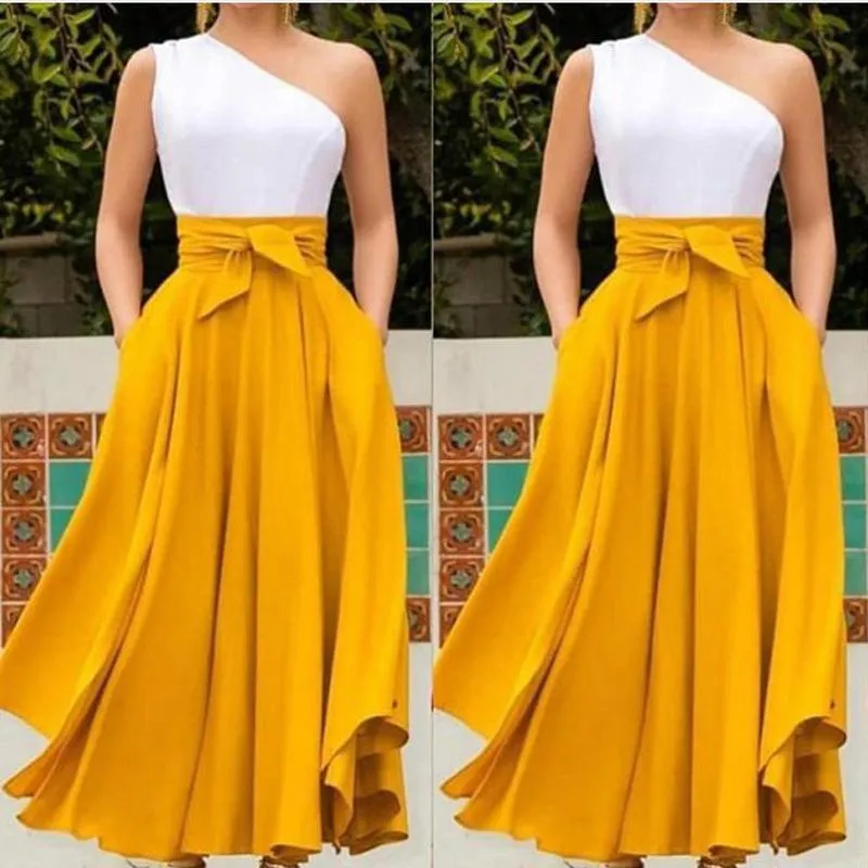 One Shoulder Sleeveless Belt Long Dresses