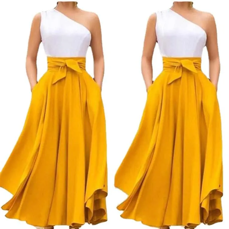 One Shoulder Sleeveless Belt Long Dresses