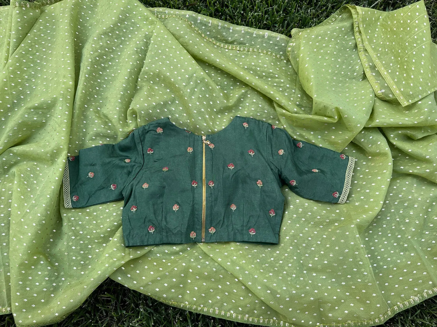 Organza Saree Mehendi Saree Green Saree Peter pan collar blouse Zardhosi work designer blouse -Pattu Saree Blouse -Maggam work blouse - Green Blouse