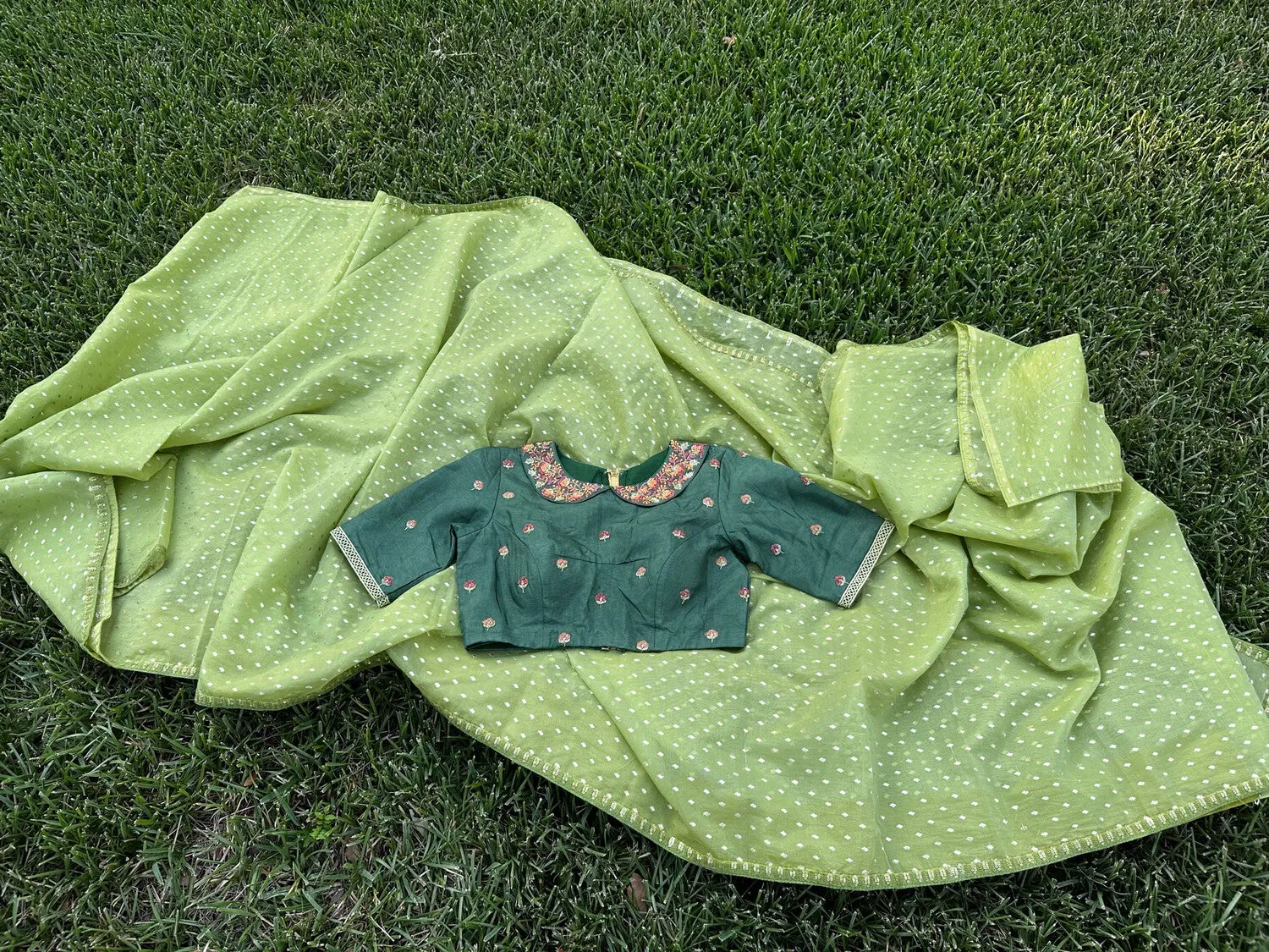 Organza Saree Mehendi Saree Green Saree Peter pan collar blouse Zardhosi work designer blouse -Pattu Saree Blouse -Maggam work blouse - Green Blouse