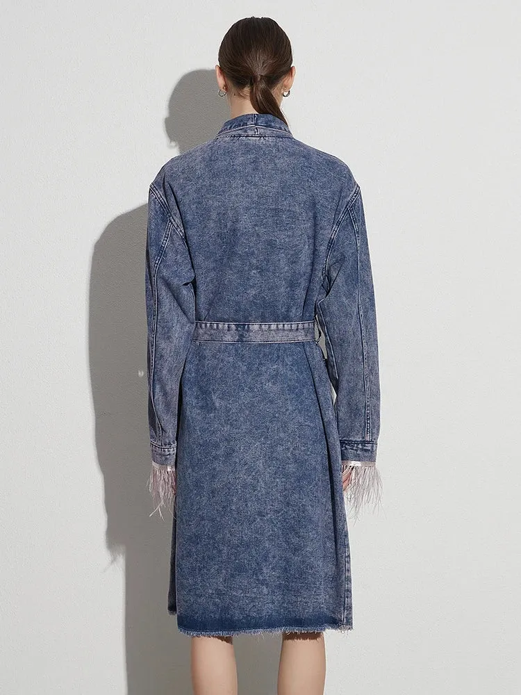 Peyton Feather Cuff Midi Denim Coat