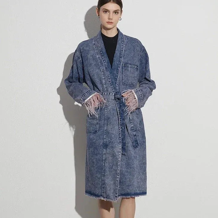 Peyton Feather Cuff Midi Denim Coat