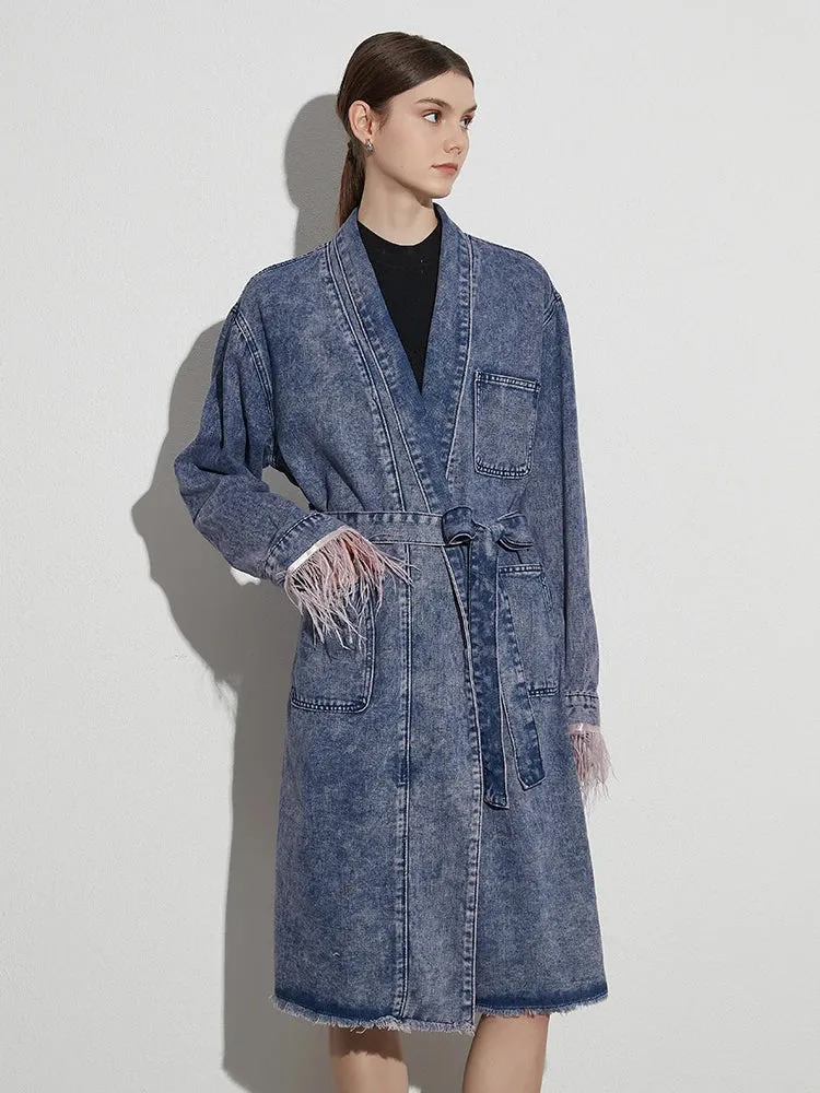 Peyton Feather Cuff Midi Denim Coat