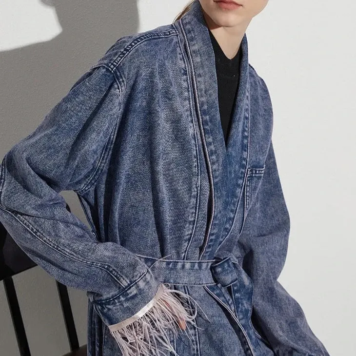 Peyton Feather Cuff Midi Denim Coat